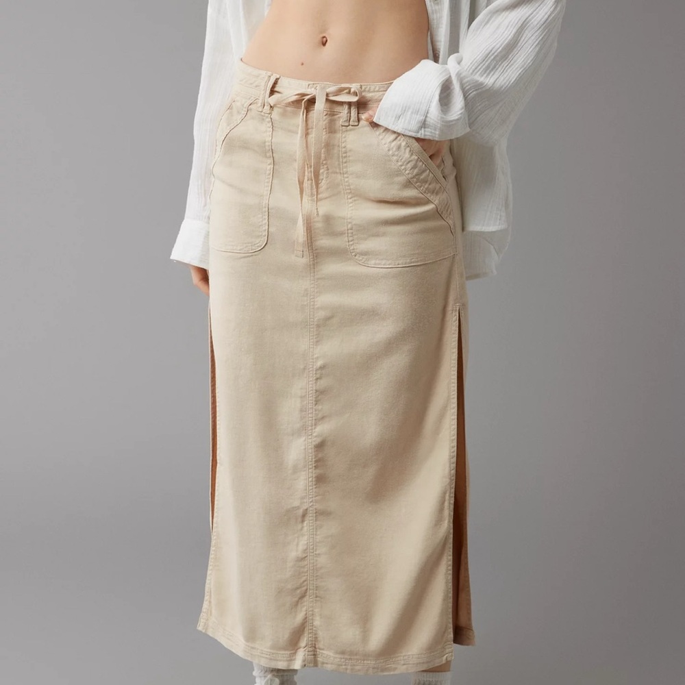 AE Dreamy Drape Linen-Blend Low-Rise Maxi Skirt